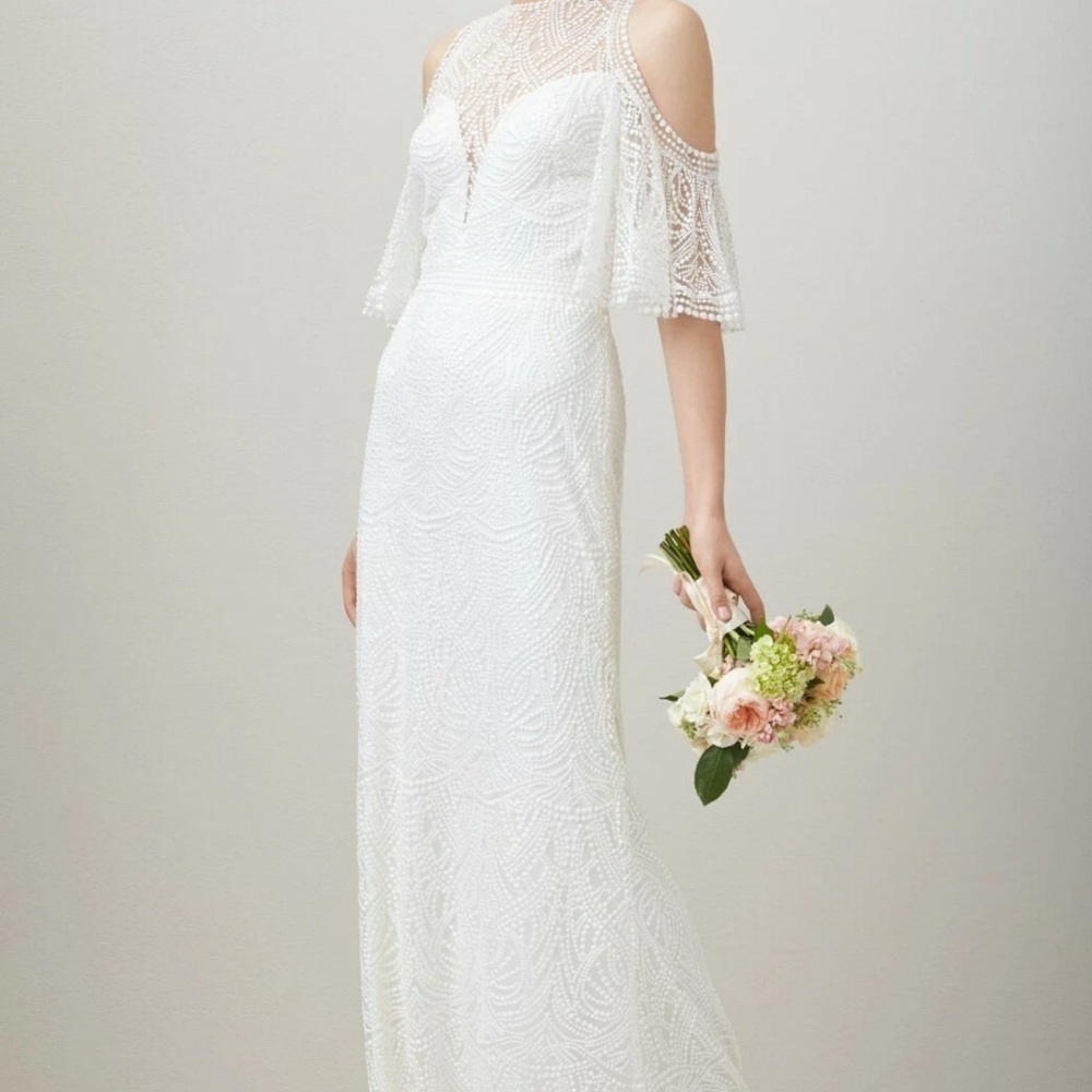 TADASHI SHOJI Bridal Ivory LUZ Embroider Cold Shoulder Flutter Sleeve Gown US 0 - Picture 15 of 16